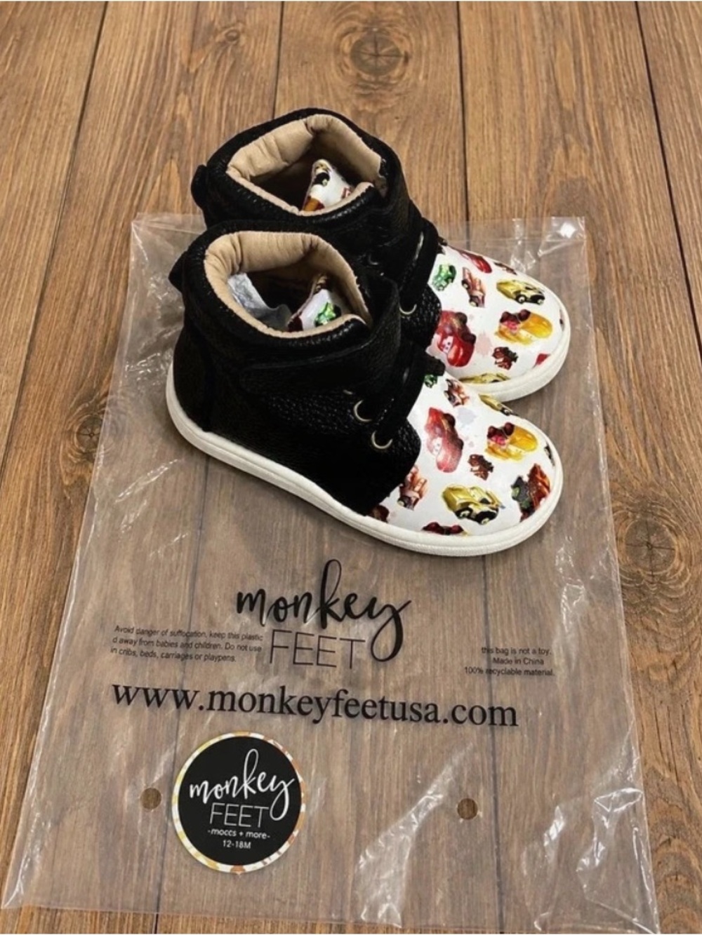 Monkey Feet Black and White Car-Print High-Top Sneakers